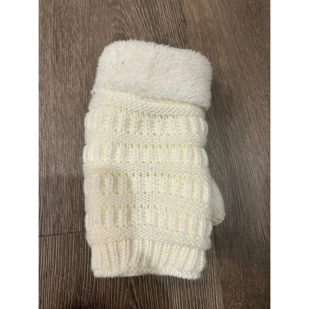 C.C Ivory Cable Knit Sherpa Lined Fingerless Gloves FLG-25 Womens Winter Mittens